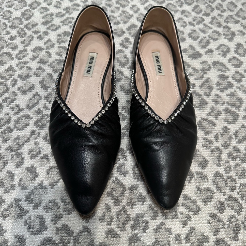 Miu Miu Black leather pointy toe flats with Rhinestone trim - Picture 3 of 6